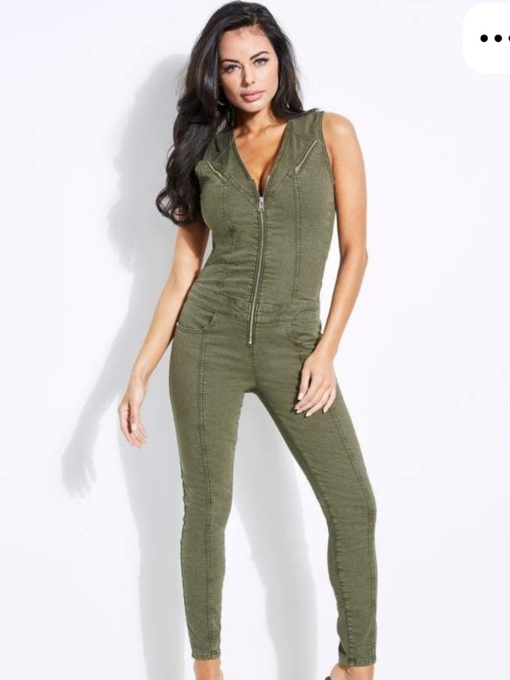 Guess Olive Green Sleeveless Zip-Front Stretch Denim Utility Jumpsuit M